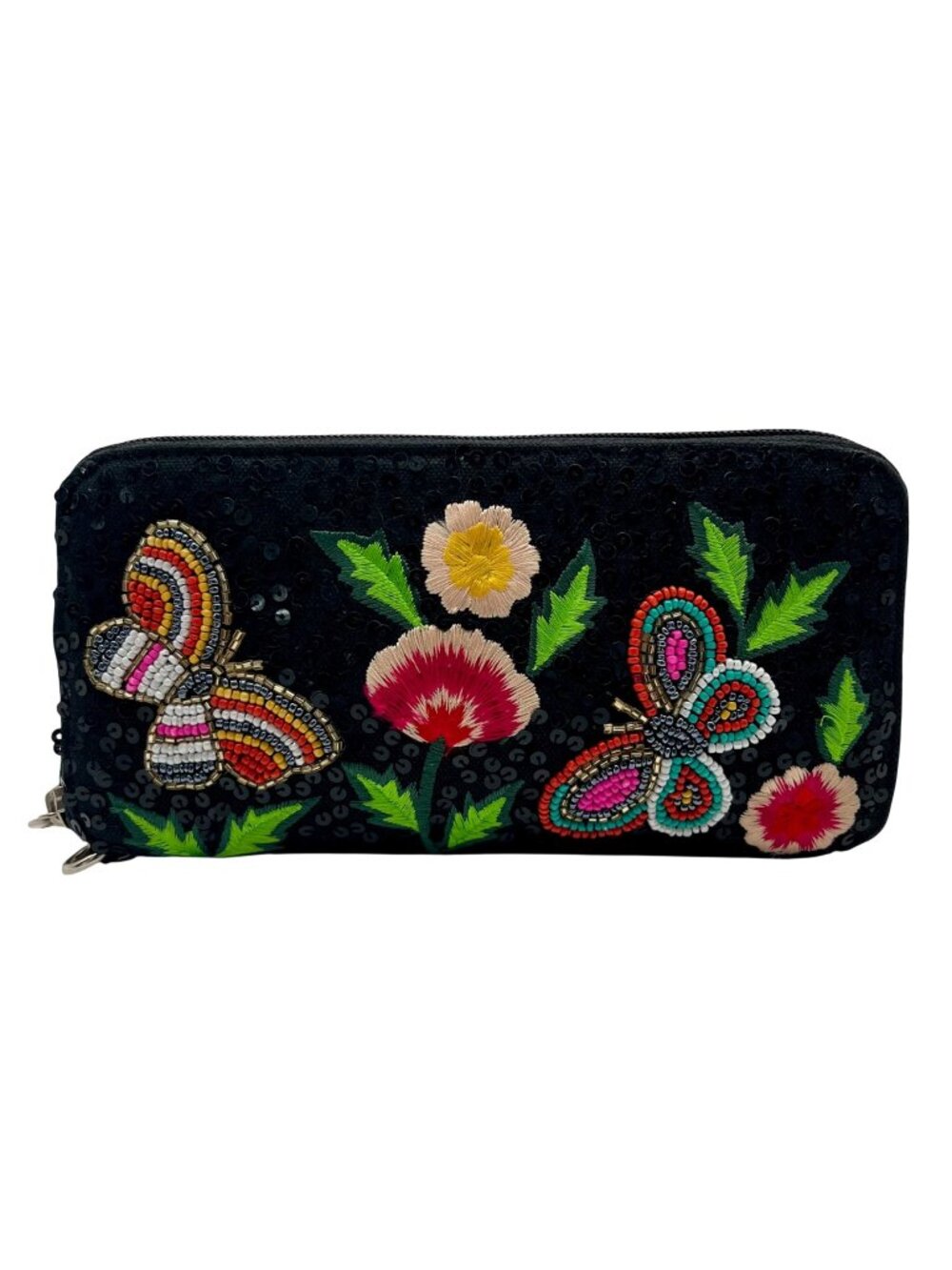 America & Beyond Black Butterfly & Floral Embellished Zip Around Wallet